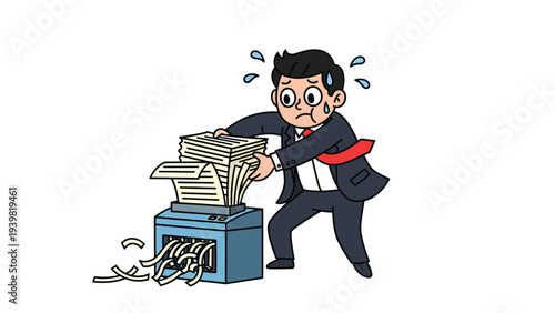 Overwhelmed businessman cartoon shredding documents, symbolizing office stress, paperwork overload, and data destruction.