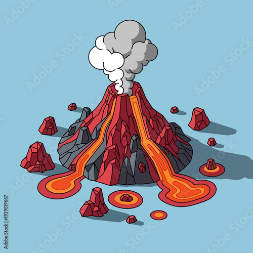 Volcanic eruption with lava and smoke on a blue background.