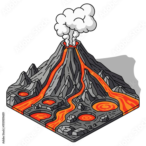 Volcanic Eruption Illustration with Lava Flow and Smoke.