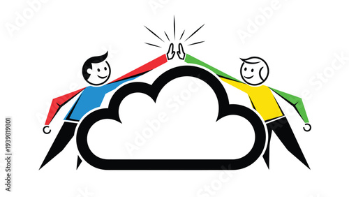 Cloud Computing Teamwork & Success: High-fiving people over a cloud icon, symbolizing collaboration, partnership, and technological achievement.