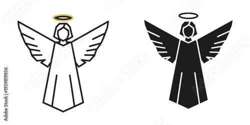Angels in contrasting styles, one outlined in black and white with a golden halo and the other in solid black with a white outline and halo, vector illustration