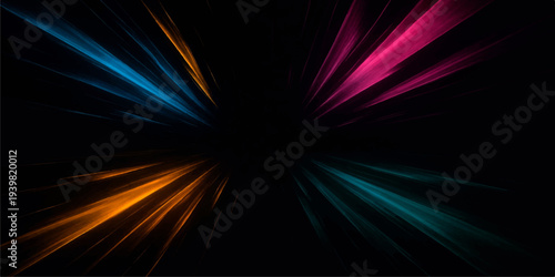 An abstract fractal design features a bright explosion of colorful rays and energy glowing like a star against dark space with textures of fire and motion