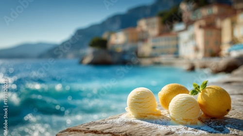 Enjoying lemon sorbet by the Mediterranean with a beautiful coastline in the background and clear sky above for text
