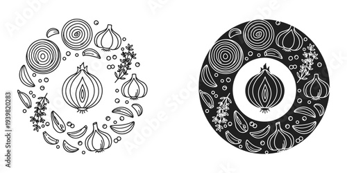 Onion and garlic vector illustration, flat design with black and white circular patterns