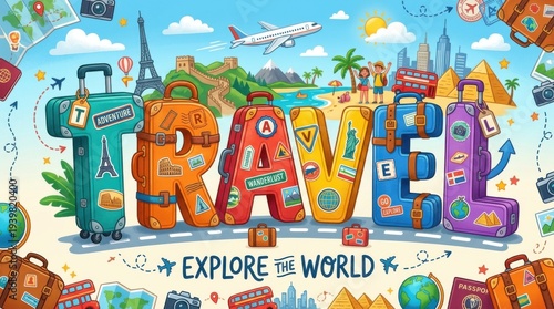 Colorful Travel Illustration with Suitcases and World Exploration Theme.