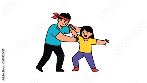 Adult teaching child self-defense or martial arts. Instructor and student training session. Kids physical activity illustration.