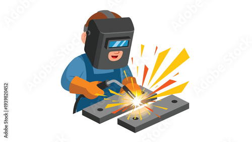 Cartoon Welder Working with Torch and Helmet, Creating Bright Sparks on Metal Plates. Industrial Manufacturing Process Illustration.