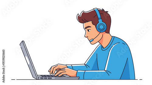Young Man with Headset Using Laptop for Online Communication, Remote Work, Customer Support, or E-learning