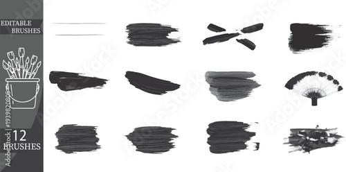 Set of 12 editable brush strokes vector