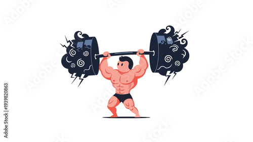 Cartoon Strongman Lifting Heavy Barbell with Dynamic Smoke Effect. Power, Strength, and Fitness Illustration.