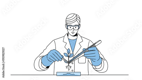Scientist conducting plant biotechnology research in lab. Genetic engineering, botany, and scientific experiment illustration.