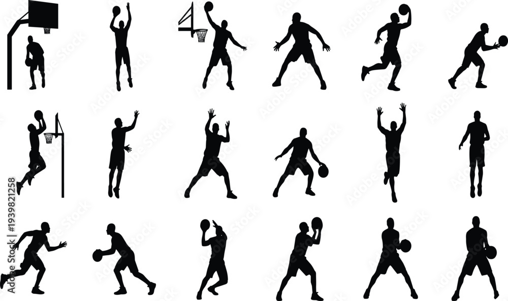 Fototapeta premium Dynamic Basketball Player Silhouettes Showcasing Action Moves Including Dribbling, Shooting, And Holding Ball On White Background
