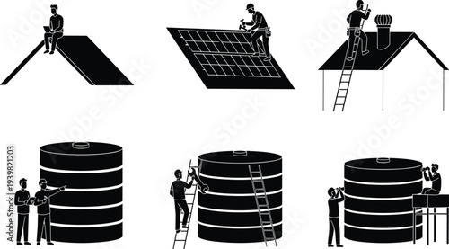 Construction Workers Silhouettes Working on Roofs and Industrial Tanks Maintenance Job Safety Illustration Set