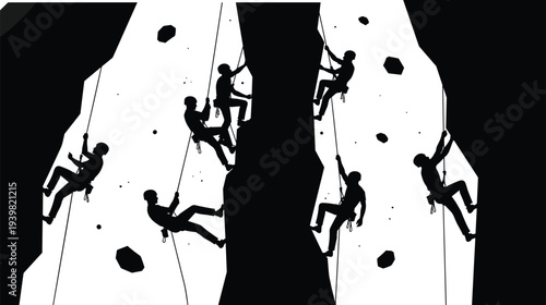 Determined Mountaineers Climbing Steep Rock Face Using Ropes in Black and White Silhouette Photography