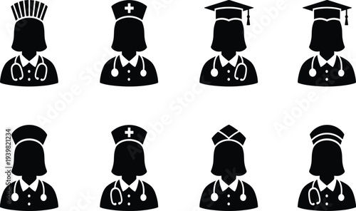 Diverse Collection of Eight Professional People Avatars with Hats and Medical Icons Isolated on White Background