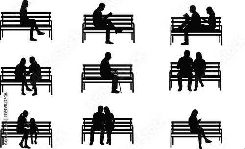 Diverse People Sitting on Public Park Bench Silhouettes Showing Interaction Isolation and Outdoor Leisure Activities