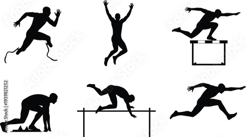 Dynamic Athletics Silhouettes Collection Featuring Sprinting, Hurdling, And Jumping Poses For Sports Design Projects
