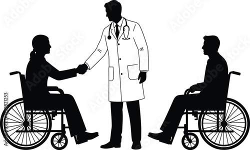 Doctor Shaking Hands with Disabled Patient in Wheelchair during Medical Consultation in Clinic, Monochrome Style Vector Illustration