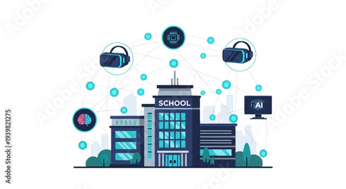Modern school building with technology integration and digital elements surrounding it from various viewpoints