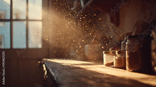 Dust particles dancing in a beam of morning sunlight in a rustic kitchen, Generative AI illustrations.