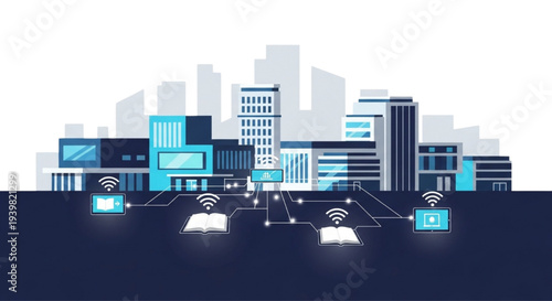 Cityscape illustration depicting modern buildings and wireless connectivity at dusk from an elevated viewpoint