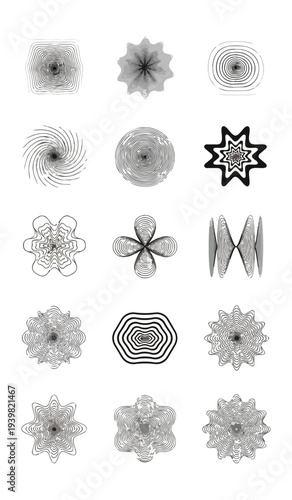 Abstract geometric designs arrayed on black background