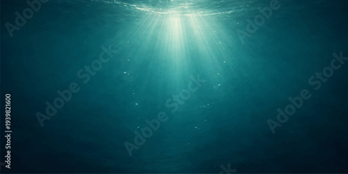 An abstract underwater world loop features deep blue ocean waves and sunlight rays piercing the dark sea surface for a serene marine background