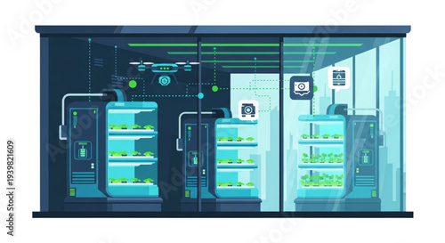 Futuristic server room illustration showcasing advanced data center technology and infrastructure from a high viewpoint