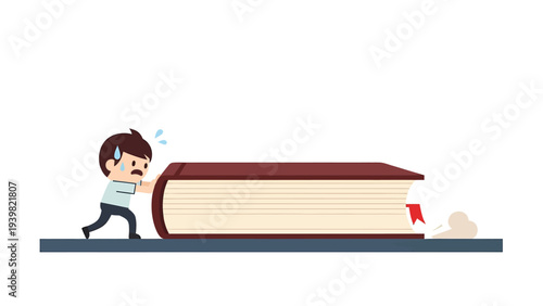 Cartoon boy struggling to push a giant heavy book, symbolizing academic challenge, hard work, and overwhelming information.