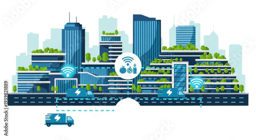 Futuristic cityscape with autonomous vehicle on road surrounded by modern buildings and greenery