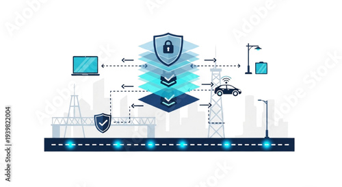 Cityscape security system with shield icon over industrial landscape viewed from above