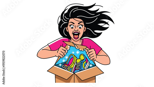 Cartoon Woman Unboxing Package with Colorful Sneakers, Expressing Surprise and Excitement