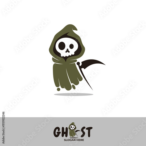 logo of a flying ghost carrying a big axe, a ghost that takes lives