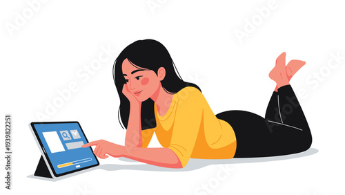 Young woman relaxing and using a digital tablet for browsing, entertainment, or online learning.