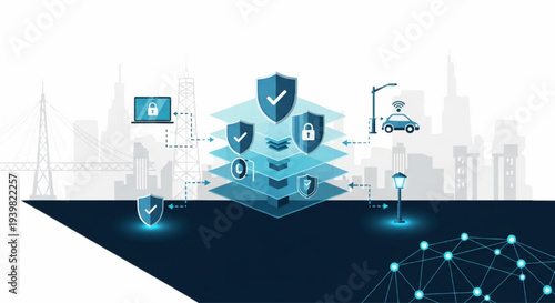 Cityscape with futuristic security layers and digital network