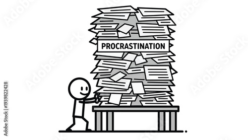 Stick figure pushing a towering stack of 'Procrastination' papers, symbolizing overwhelming tasks and a heavy workload.
