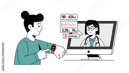 Patient sharing smartwatch health data with a doctor during a telehealth video consultation. Critical health monitoring.