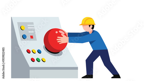 Industrial worker pushing a large red button on a control panel, symbolizing emergency stop or activation