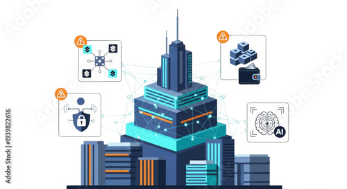 Futuristic cityscape with digital icons and data visualization elements surrounding a central tower