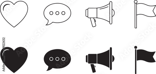Social Media and Communication Icons Set with Chat, Like, and Share Symbols