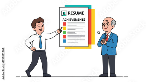 Young Professional Presenting Resume Achievements to Senior Manager, Job Interview Concept