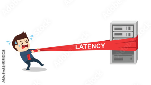 Frustrated businessman battling high latency from server rack, symbolizing slow network connection and data transfer issues.