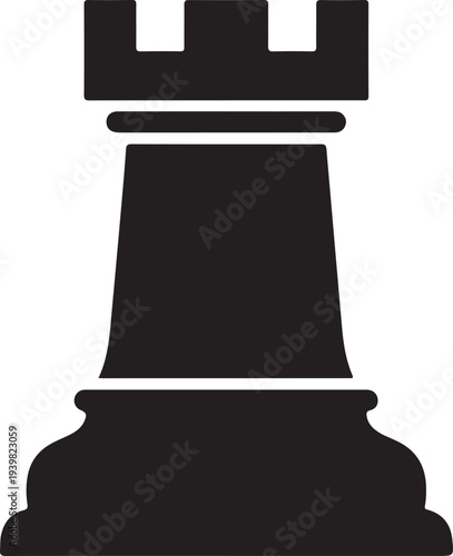 Black Chess Rook Piece, Classic Board Game Icon, Strategy Game Symbol