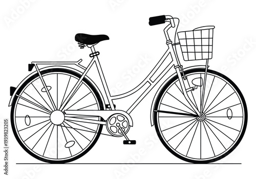 Line Art Illustration of a Bicycle with a Basket, Minimal Vector Bike Drawing