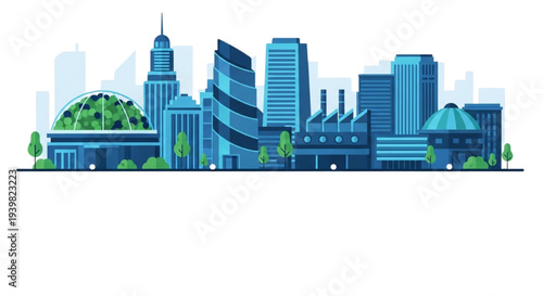 Cityscape illustration featuring modern buildings, trees, and greenery in a vibrant urban environment from a panoramic viewpoint