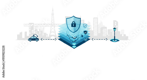 Cityscape illustration with shield and lock symbolizing security and protection over transportation and infrastructure elements
