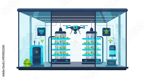 Automated warehouse management system with drone inventory control in a modern storage facility viewed from the front