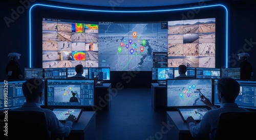 Ultra realistic border surveillance control room with operators monitoring multiple screens