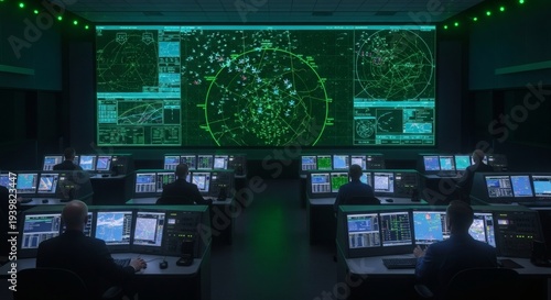 Air traffic control room with operators monitoring multiple screens displaying green radar maps and flight data at night