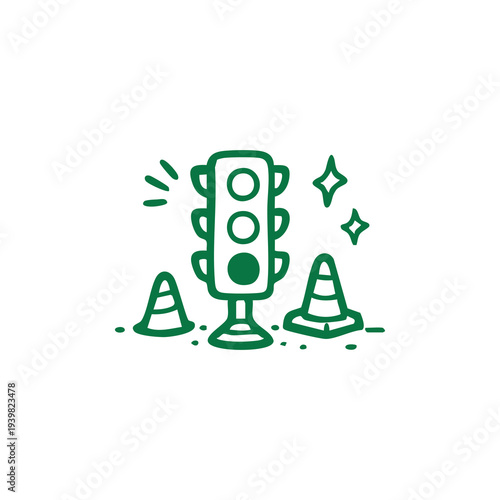Green Traffic Light with Traffic Cones